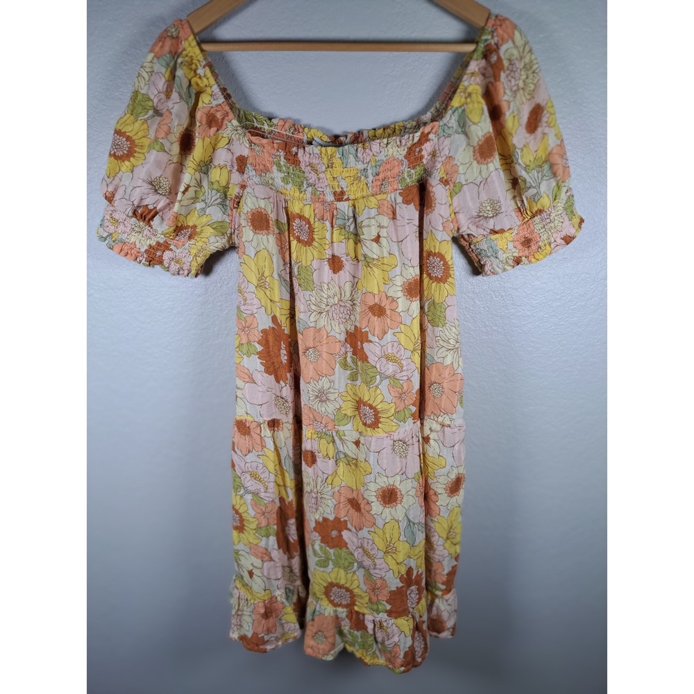 American Eagle Floral Smocked Mini Dress Large Yellow Orange Puff Sleeve Ruffle